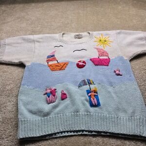 Vintage Van Klee Hand Made Peru 3D Beach Scene Novelty Short Sleeve Sweater